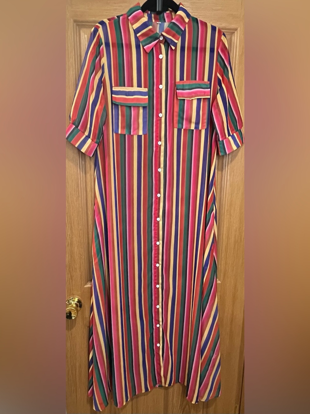 Colorful Vertical Stripe Button-Front Maxi Dress